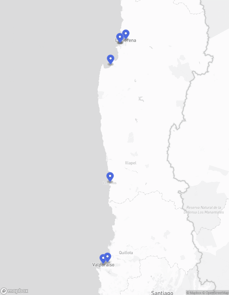 Mapa de la costa de Chile con propiedades de Vida Costera en distintas zonas: La Serena, Coquimbo, Tongoy, Los Vilos, Valparaíso y Viña del Mar